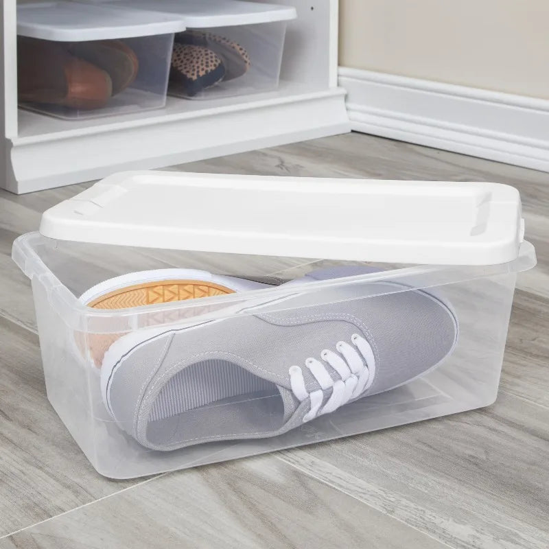Set of (10) 6 Quart Small Storage Bins, Clear Plastic Storage Containers with Snap-on Lids, White