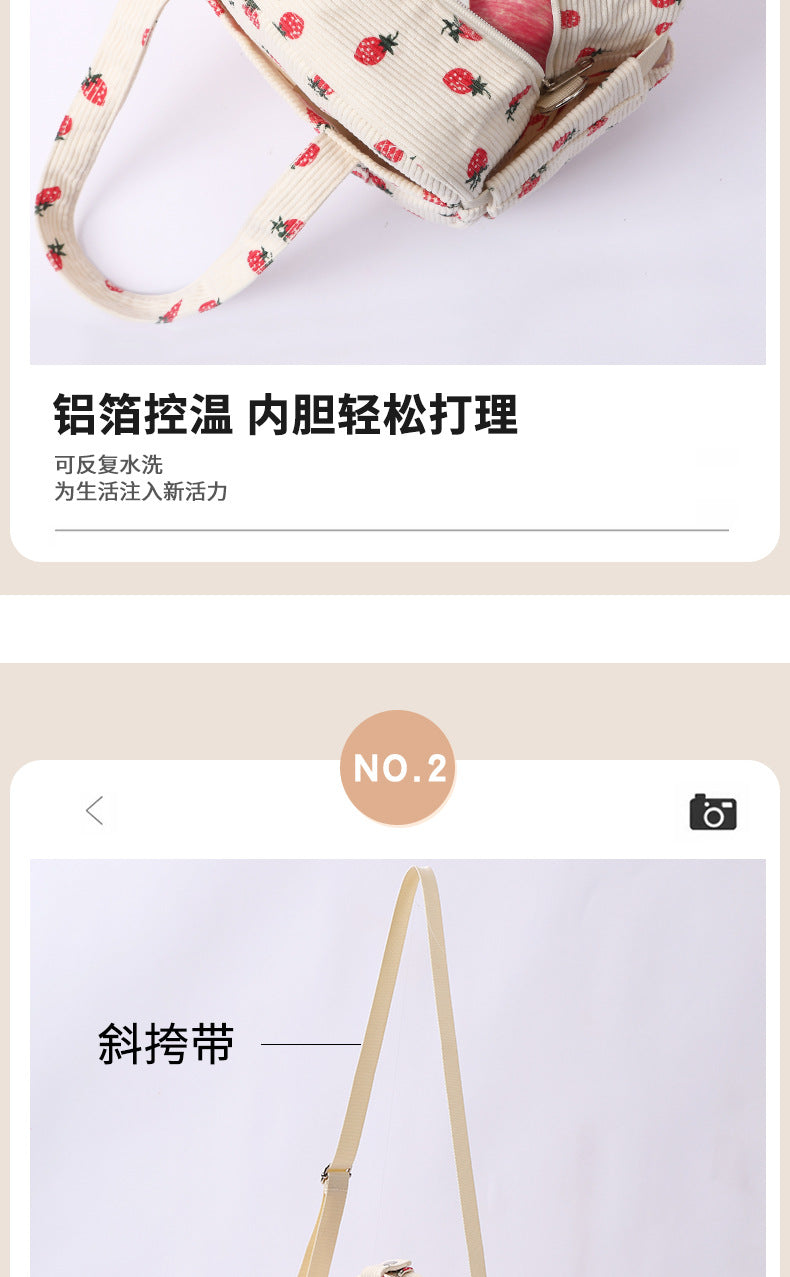 New Corduroy Strawberry Cutlery Bag Office Worker Outdoor Insulated Bag Lunch Box Handbag Portable Lunch Bag