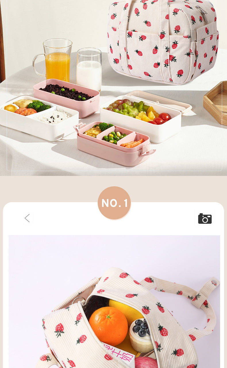New Corduroy Strawberry Cutlery Bag Office Worker Outdoor Insulated Bag Lunch Box Handbag Portable Lunch Bag