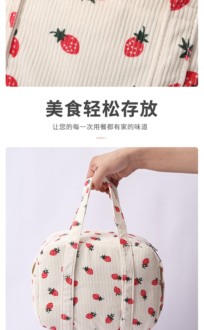 New Corduroy Strawberry Cutlery Bag Office Worker Outdoor Insulated Bag Lunch Box Handbag Portable Lunch Bag
