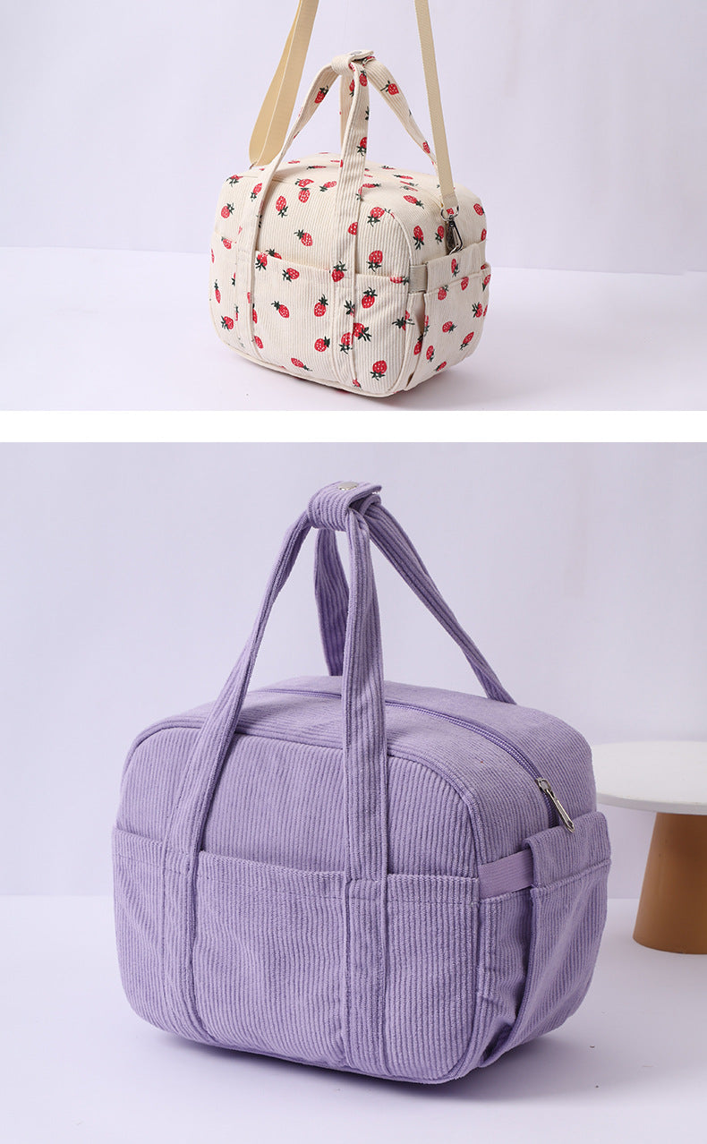 New Corduroy Strawberry Cutlery Bag Office Worker Outdoor Insulated Bag Lunch Box Handbag Portable Lunch Bag