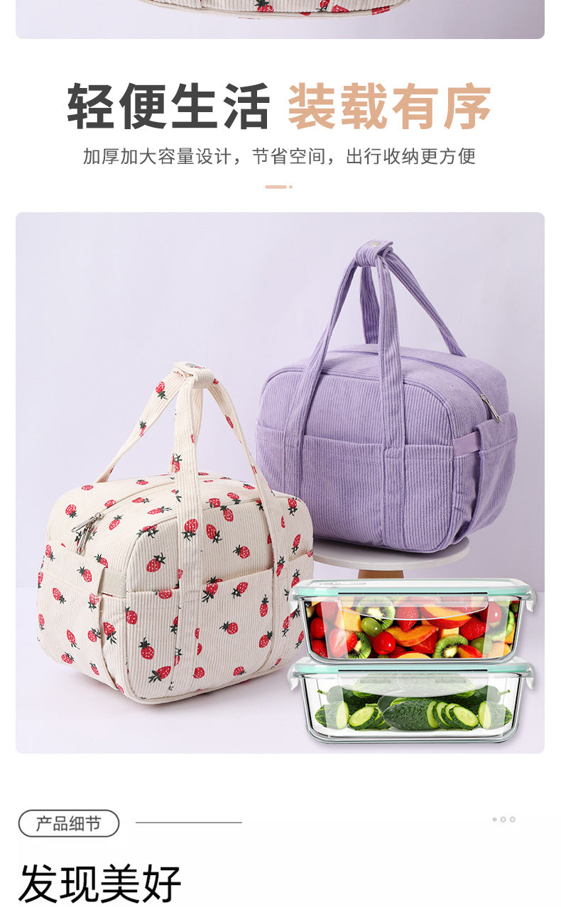 New Corduroy Strawberry Cutlery Bag Office Worker Outdoor Insulated Bag Lunch Box Handbag Portable Lunch Bag