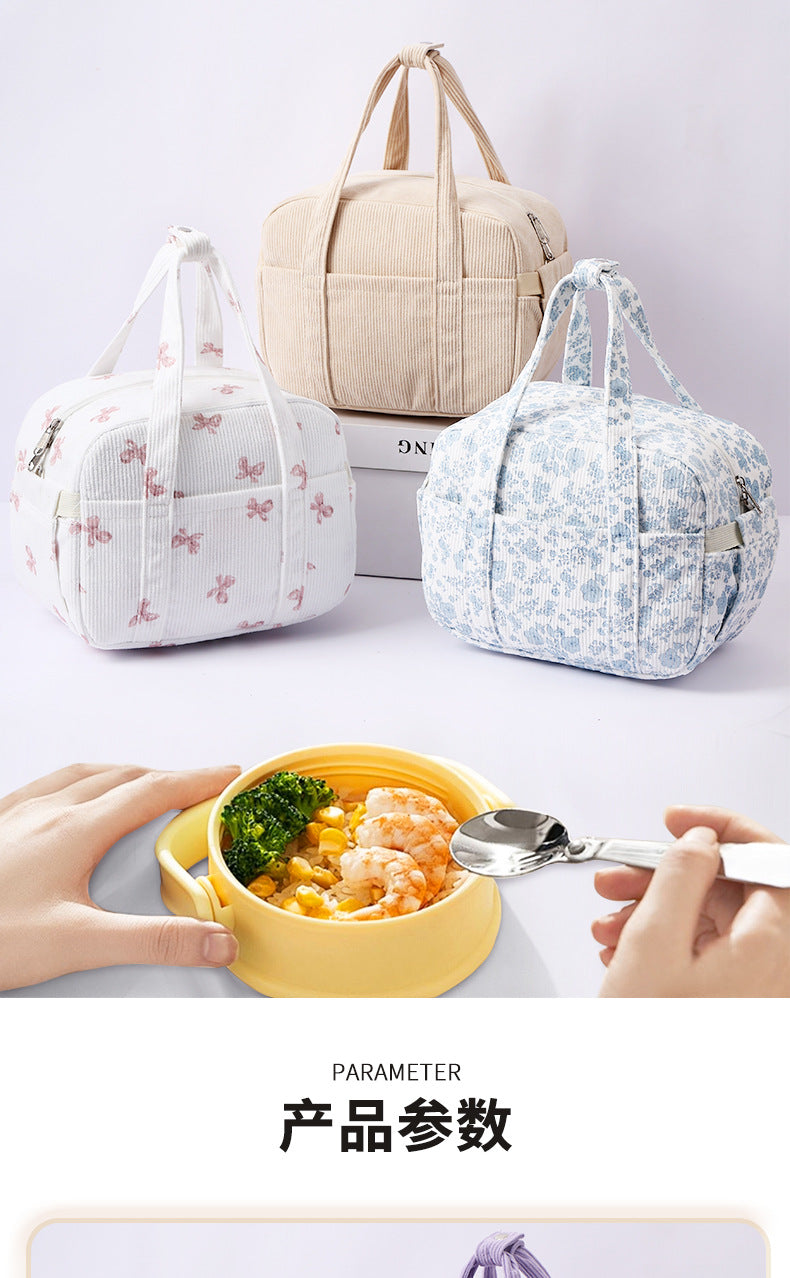 New Corduroy Strawberry Cutlery Bag Office Worker Outdoor Insulated Bag Lunch Box Handbag Portable Lunch Bag
