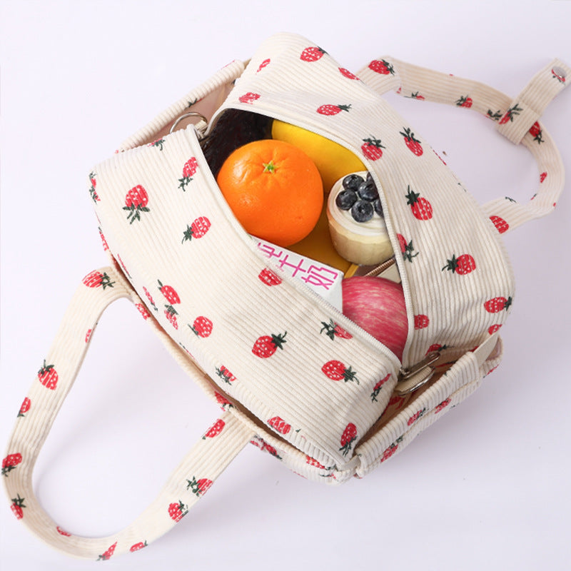 New Corduroy Strawberry Cutlery Bag Office Worker Outdoor Insulated Bag Lunch Box Handbag Portable Lunch Bag