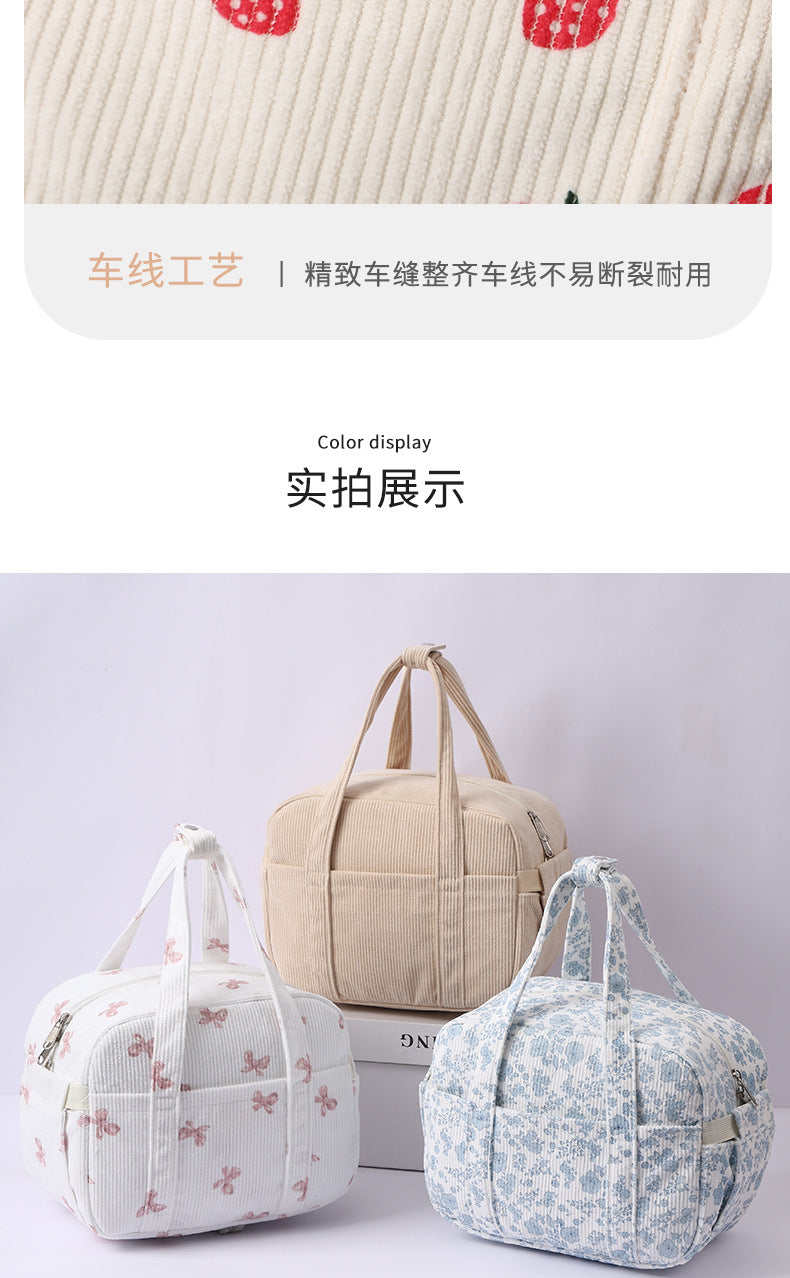 New Corduroy Strawberry Cutlery Bag Office Worker Outdoor Insulated Bag Lunch Box Handbag Portable Lunch Bag