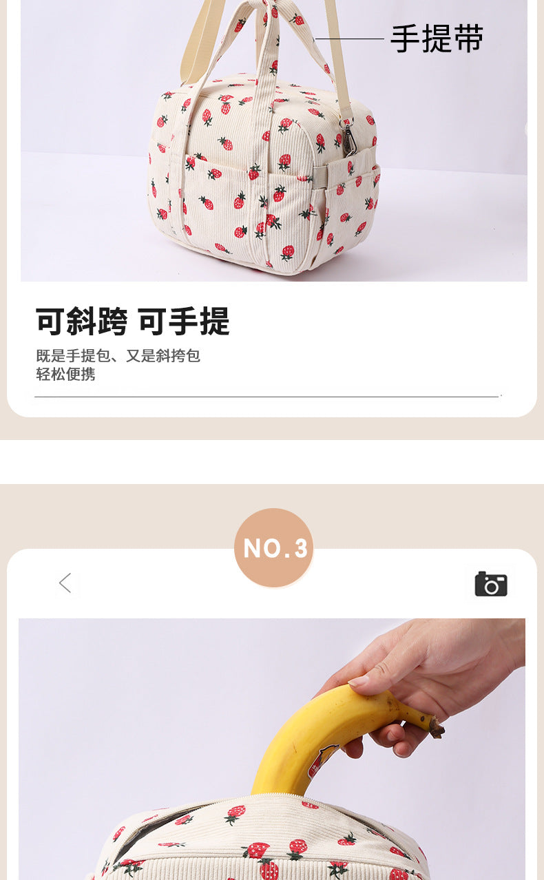 New Corduroy Strawberry Cutlery Bag Office Worker Outdoor Insulated Bag Lunch Box Handbag Portable Lunch Bag
