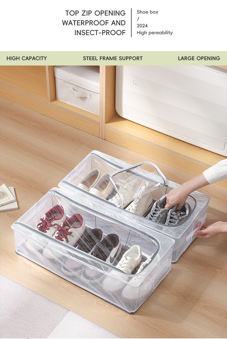Household Transparent Foldable Shoe Storage Box Visible Installation-Free Bed Bottom Shoe Cabinet Thickened Steel Frame Storage Box