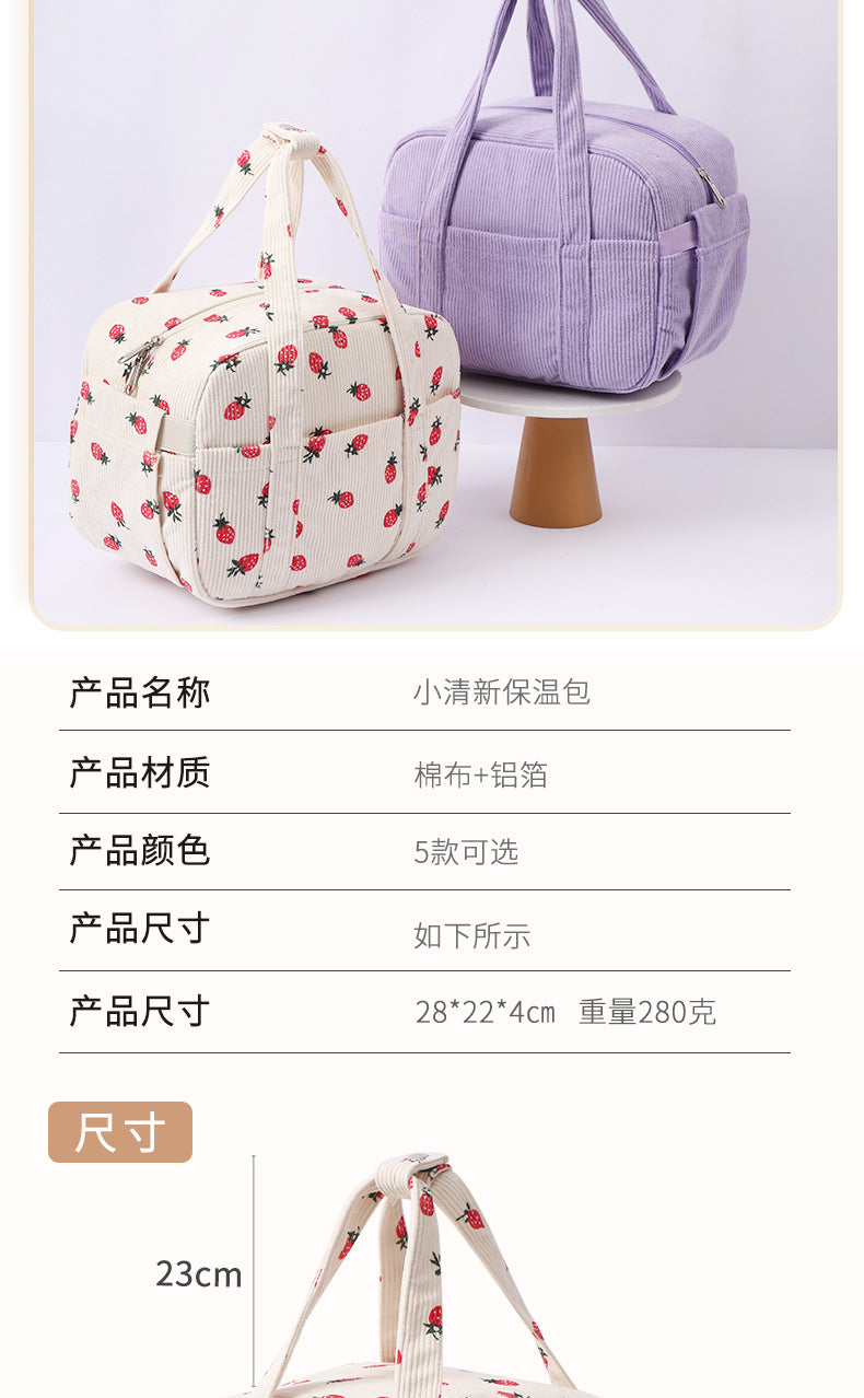 New Corduroy Strawberry Cutlery Bag Office Worker Outdoor Insulated Bag Lunch Box Handbag Portable Lunch Bag