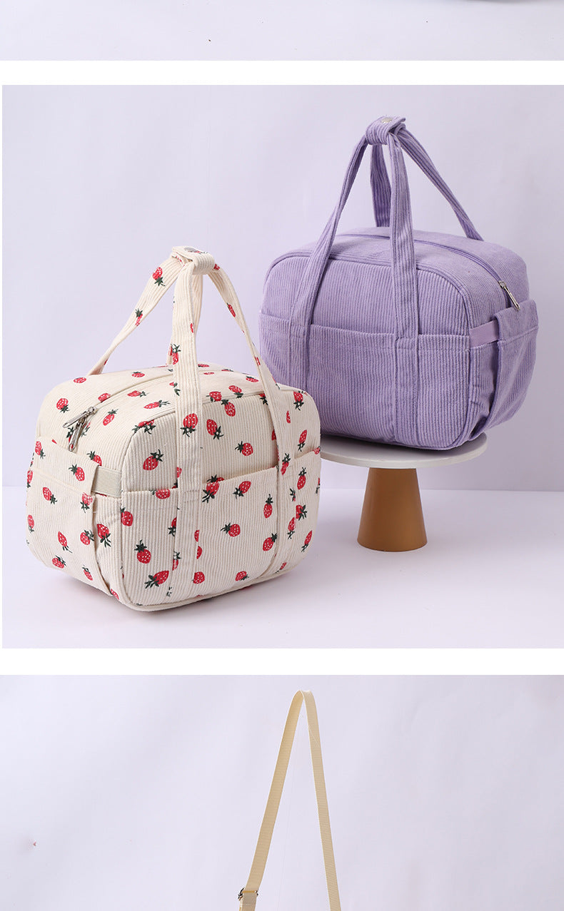 New Corduroy Strawberry Cutlery Bag Office Worker Outdoor Insulated Bag Lunch Box Handbag Portable Lunch Bag