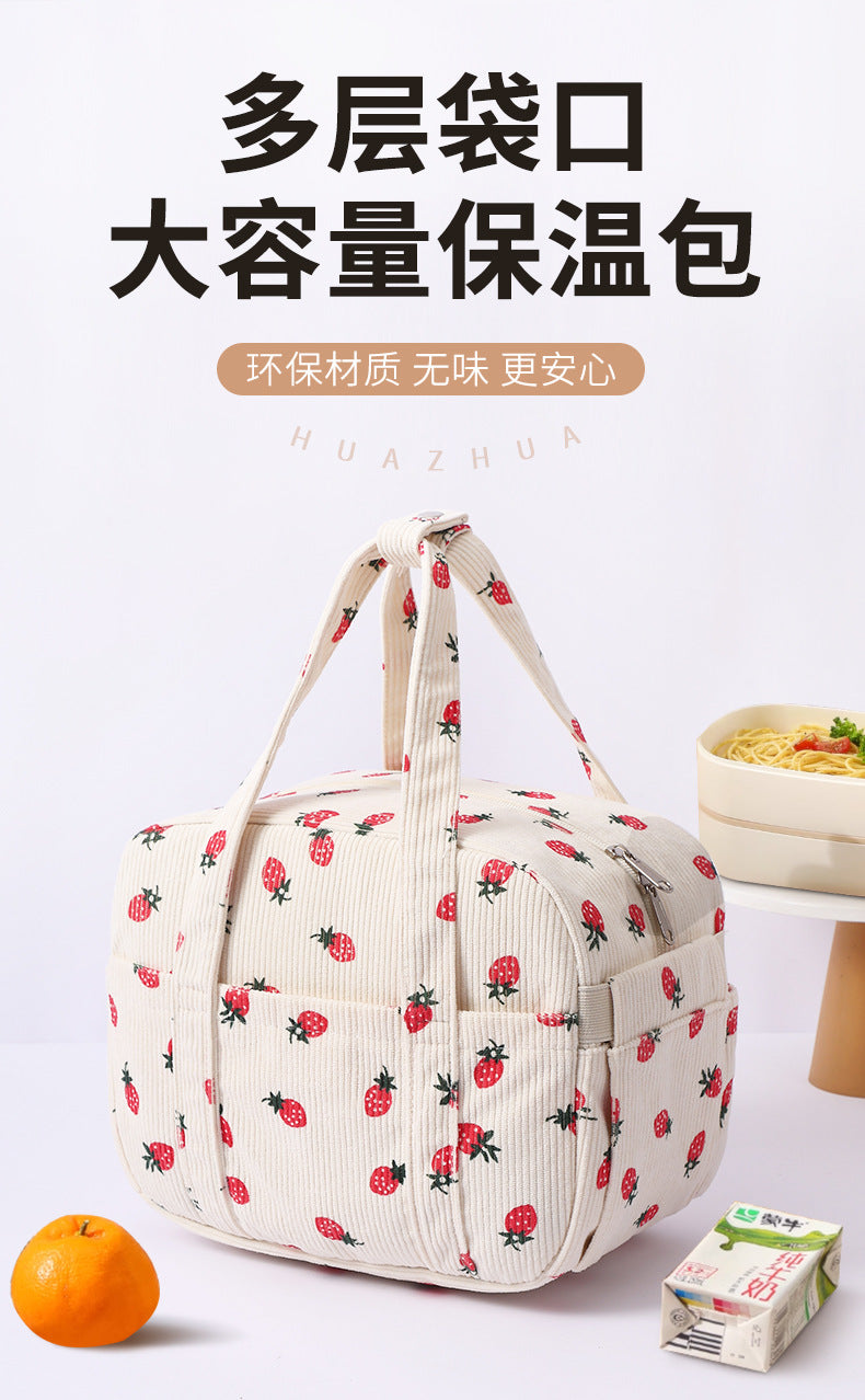 New Corduroy Strawberry Cutlery Bag Office Worker Outdoor Insulated Bag Lunch Box Handbag Portable Lunch Bag