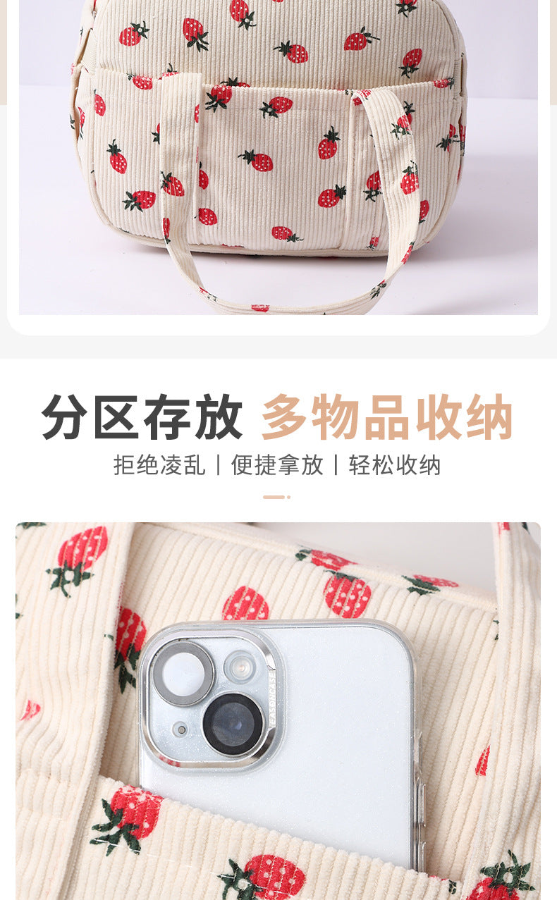 New Corduroy Strawberry Cutlery Bag Office Worker Outdoor Insulated Bag Lunch Box Handbag Portable Lunch Bag