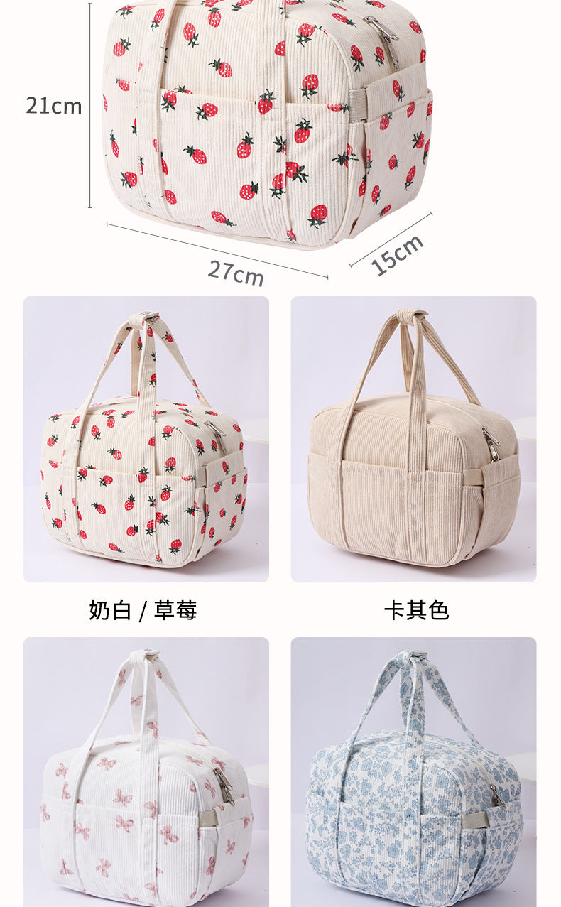 New Corduroy Strawberry Cutlery Bag Office Worker Outdoor Insulated Bag Lunch Box Handbag Portable Lunch Bag