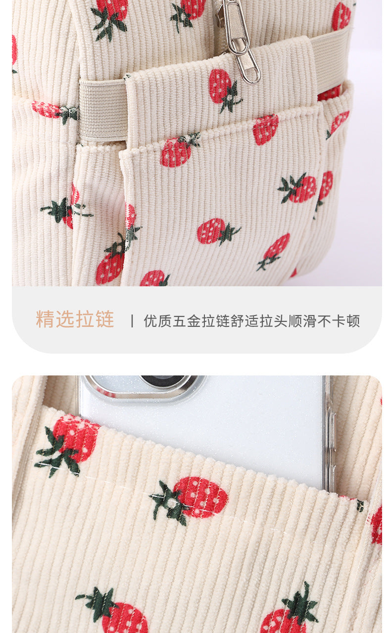 New Corduroy Strawberry Cutlery Bag Office Worker Outdoor Insulated Bag Lunch Box Handbag Portable Lunch Bag