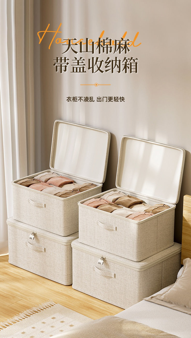 Flip-Top Clothing Storage Box with Lock Tianshan Cotton and Linen Foldableing Storage Basket Multi-Functional Large-Capacity Organizing Box