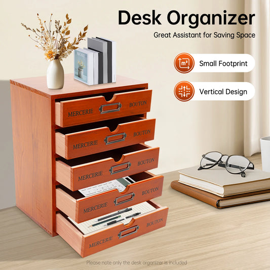 PineDesk™ 5-Drawer Wooden Desk Organizer