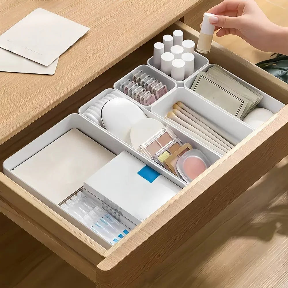 7Pcs Interlocking Drawer Storage Bins Plastic Drawer Organizer Trays for Vanity Stationery Kitchen Gadgets Home Organization