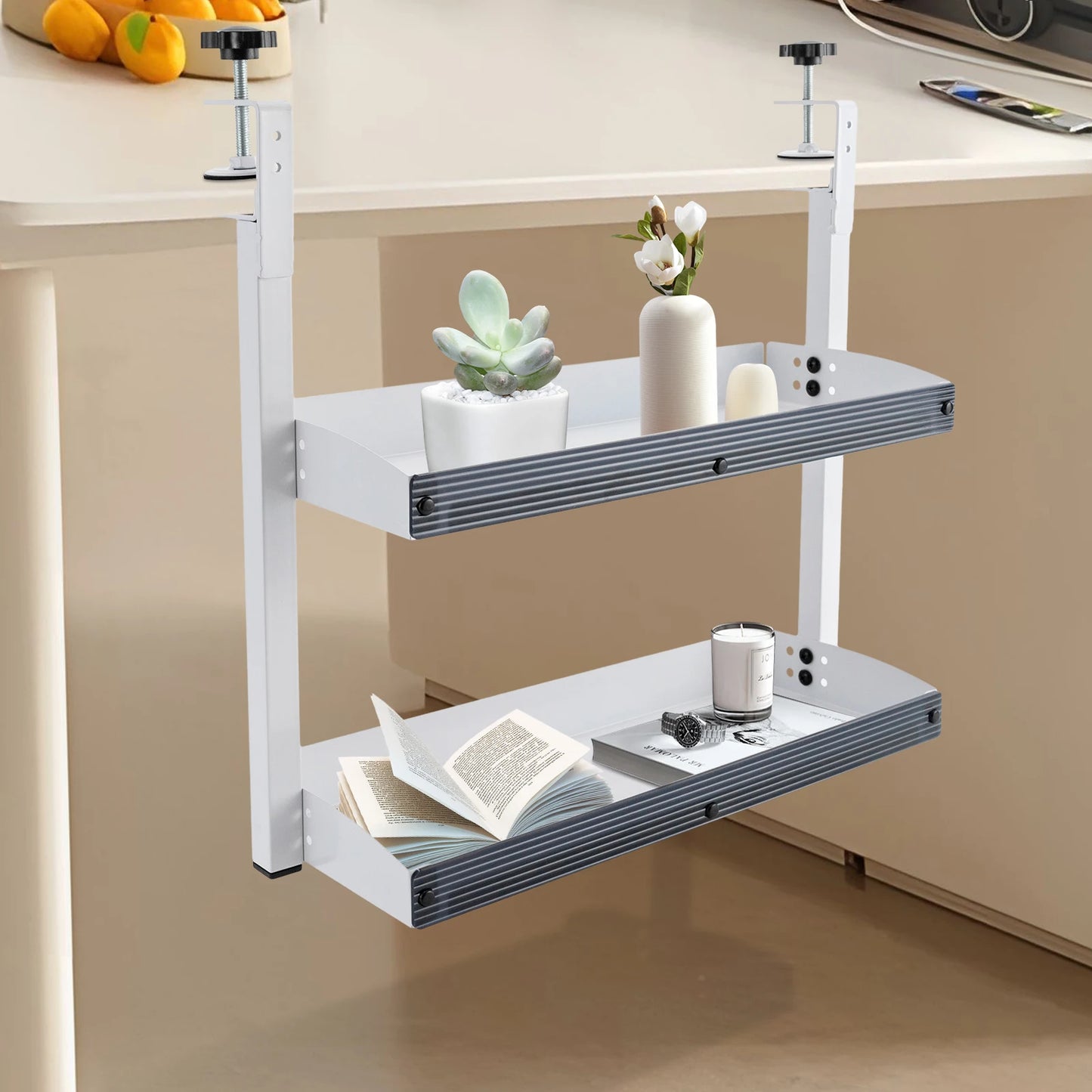 Clamp-on Desk Shelf, 2-Tier, Above or Under Table Corner Shelves Metal Organizer, White