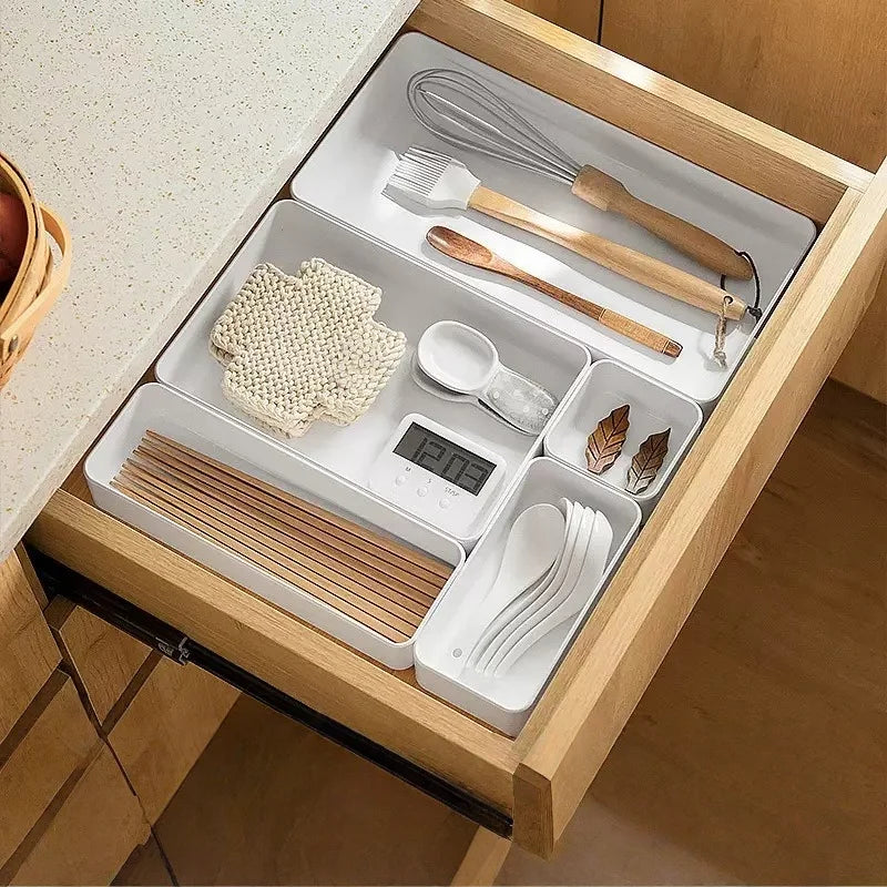 7Pcs Interlocking Drawer Storage Bins Plastic Drawer Organizer Trays for Vanity Stationery Kitchen Gadgets Home Organization
