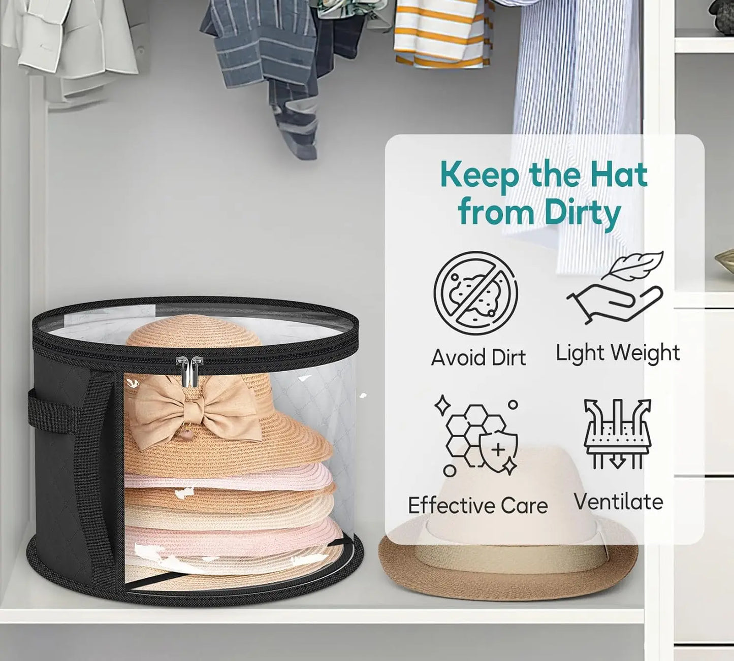 1Pc Oversized Clear Hat Storage Bag for Women, Holds up to 7 Caps Cowboy Hat Organizer for Closet, Wide Brims Hat Case with Carrying Handles (Black)