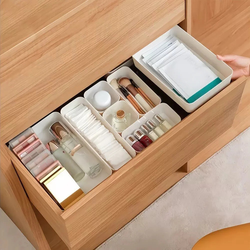 7Pcs Interlocking Drawer Storage Bins Plastic Drawer Organizer Trays for Vanity Stationery Kitchen Gadgets Home Organization