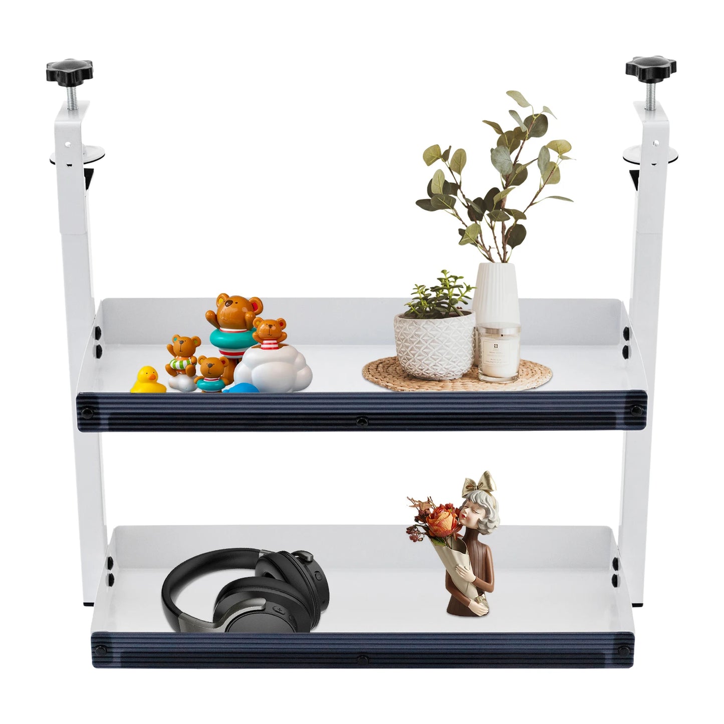 Clamp-on Desk Shelf, 2-Tier, Above or Under Table Corner Shelves Metal Organizer, White