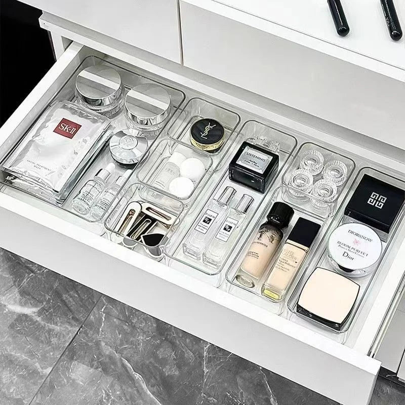 Clear Plastic Drawer Organizers Set Versatile Bathroom and Vanity Drawer Organizer Trays Storage Bins for Makeup Kitchen Gadgets