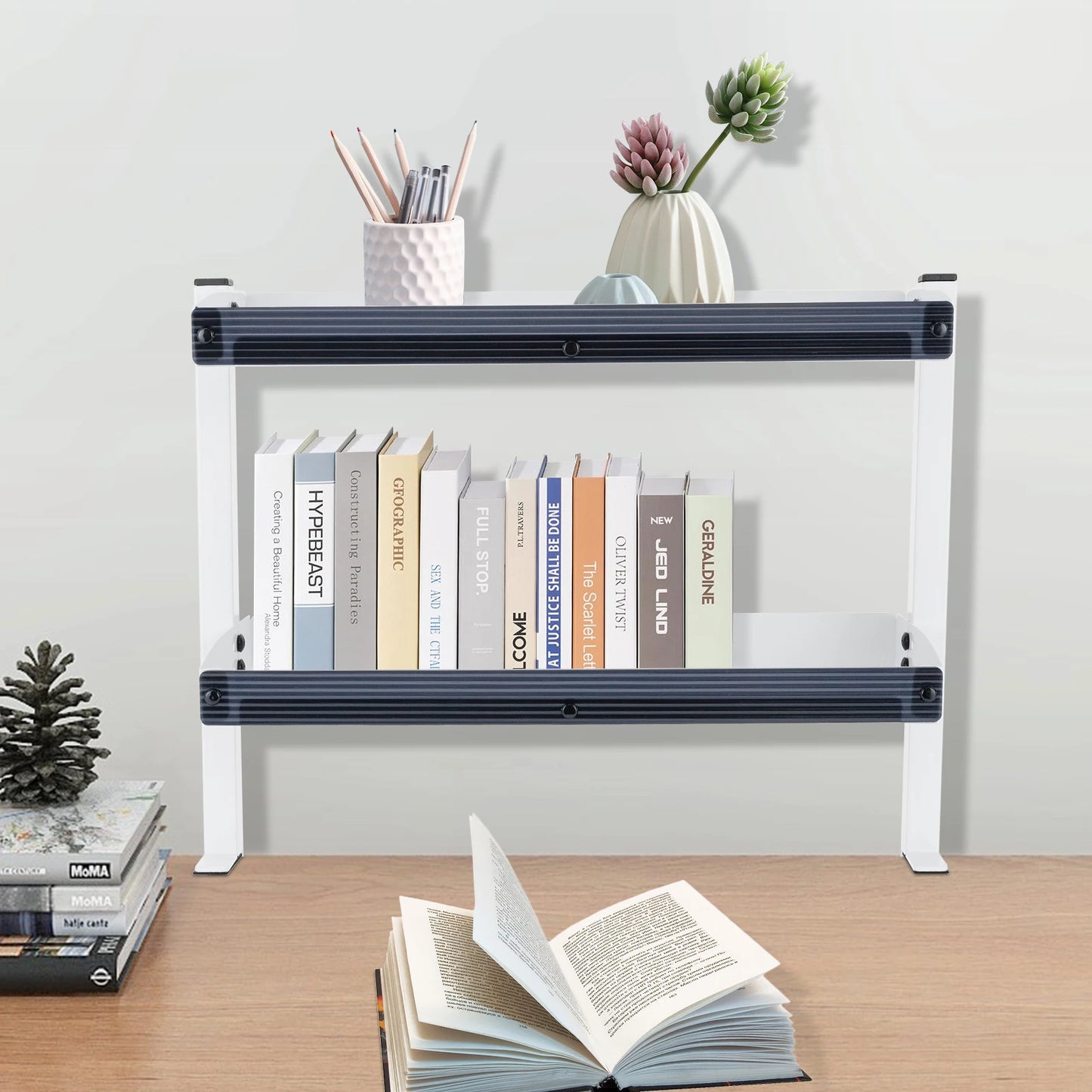 Clamp-on Desk Shelf, 2-Tier, Above or Under Table Corner Shelves Metal Organizer, White