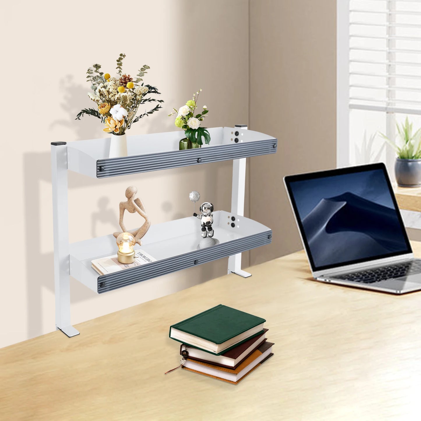 Clamp-on Desk Shelf, 2-Tier, Above or Under Table Corner Shelves Metal Organizer, White