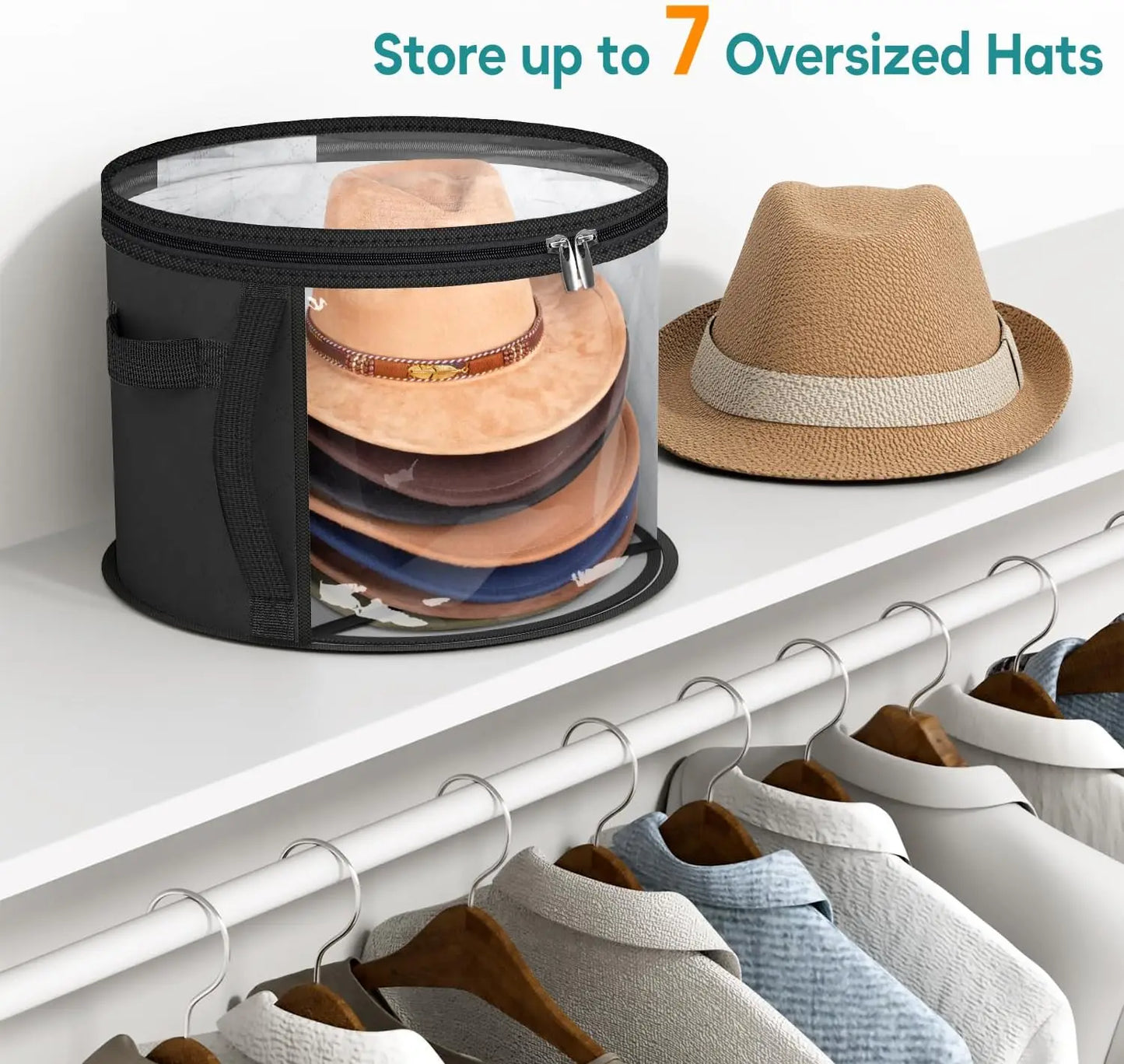 1Pc Oversized Clear Hat Storage Bag for Women, Holds up to 7 Caps Cowboy Hat Organizer for Closet, Wide Brims Hat Case with Carrying Handles (Black)