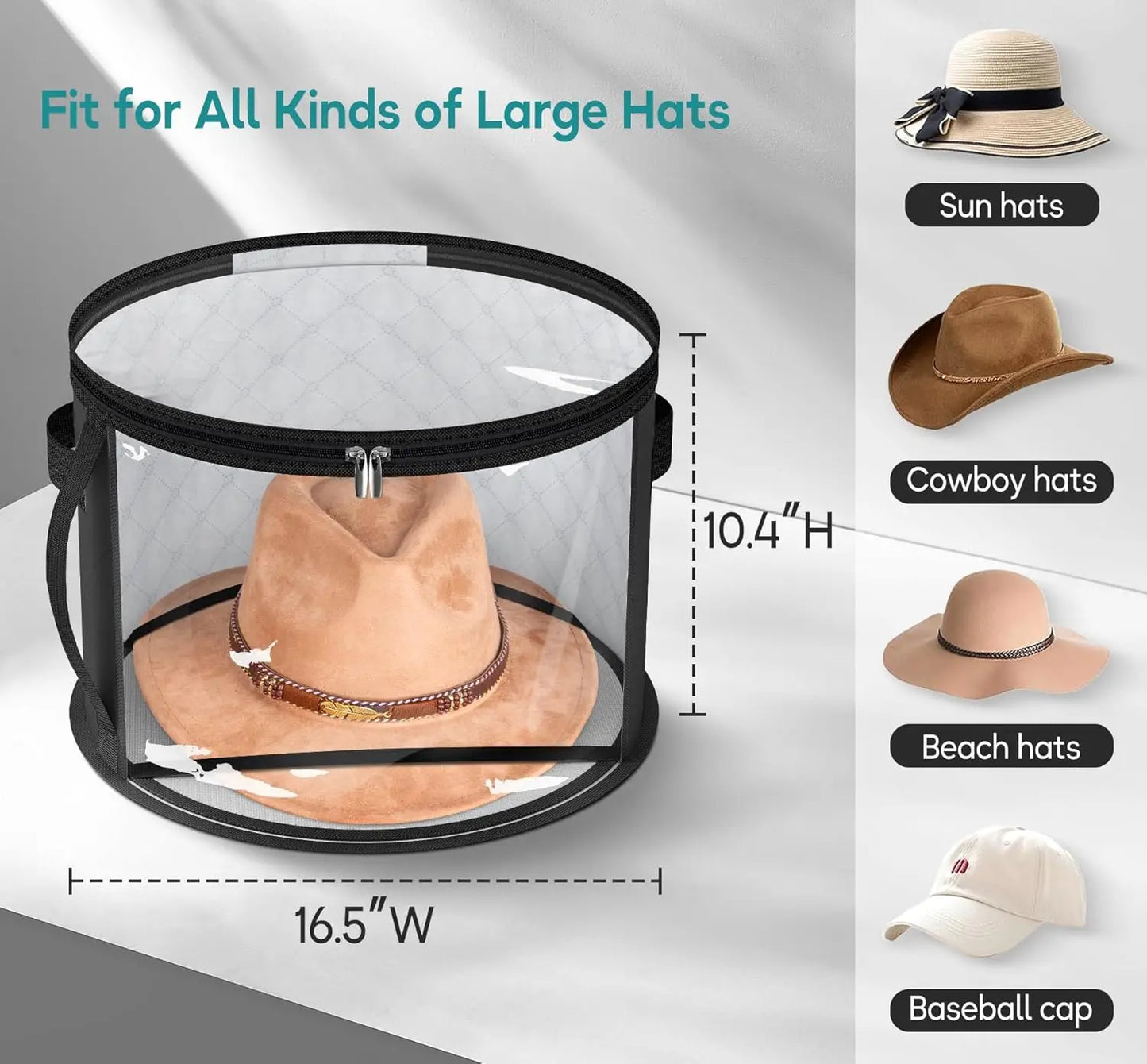 1Pc Oversized Clear Hat Storage Bag for Women, Holds up to 7 Caps Cowboy Hat Organizer for Closet, Wide Brims Hat Case with Carrying Handles (Black)