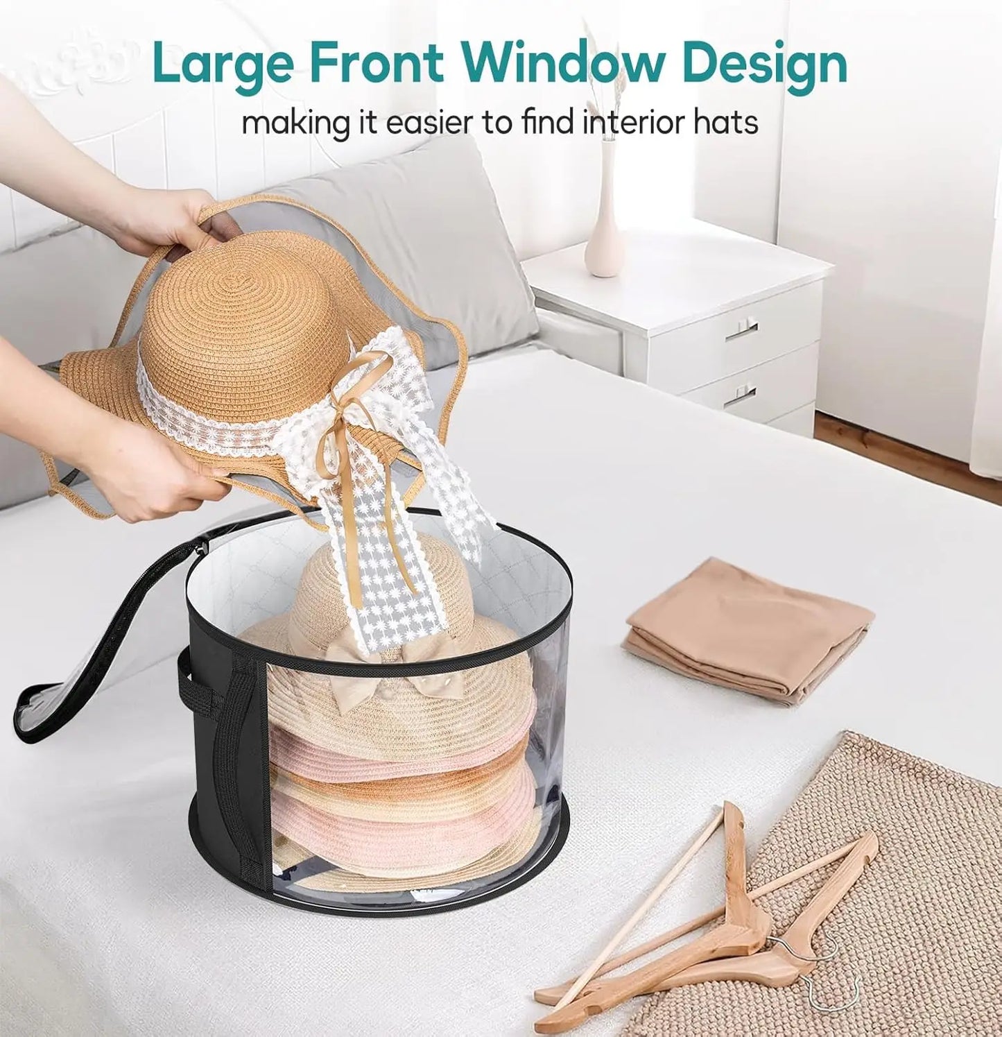 1Pc Oversized Clear Hat Storage Bag for Women, Holds up to 7 Caps Cowboy Hat Organizer for Closet, Wide Brims Hat Case with Carrying Handles (Black)